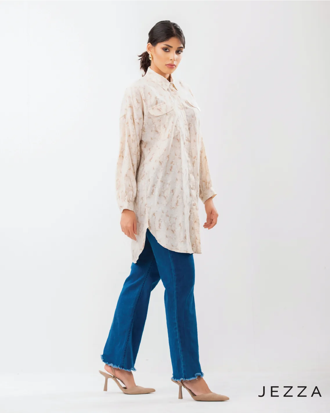 Printed Button-Up Below-Hip Top 62292