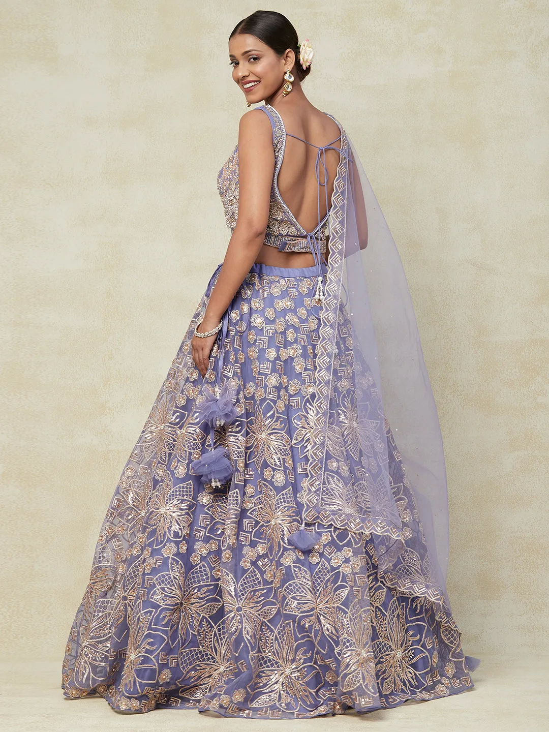 Purple Net Lehenga With Kadai Handwork