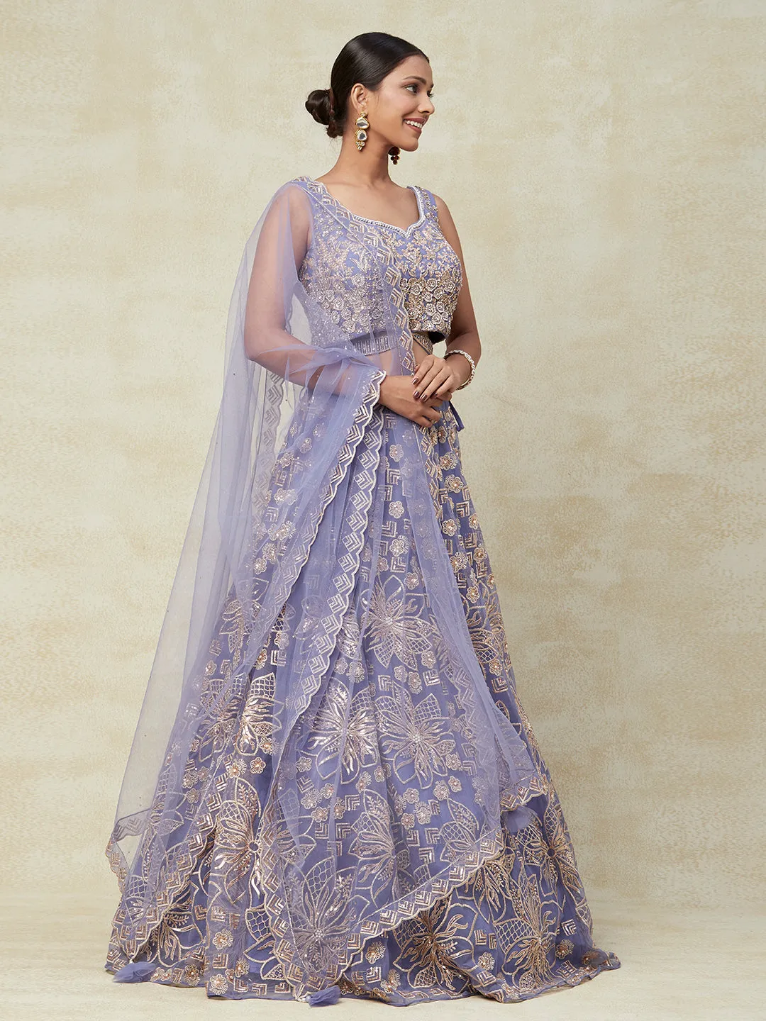 Purple Net Lehenga With Kadai Handwork