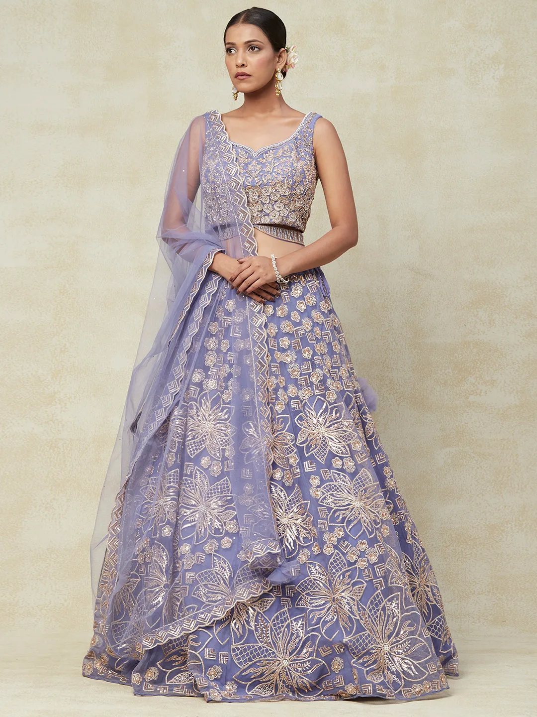 Purple Net Lehenga With Kadai Handwork