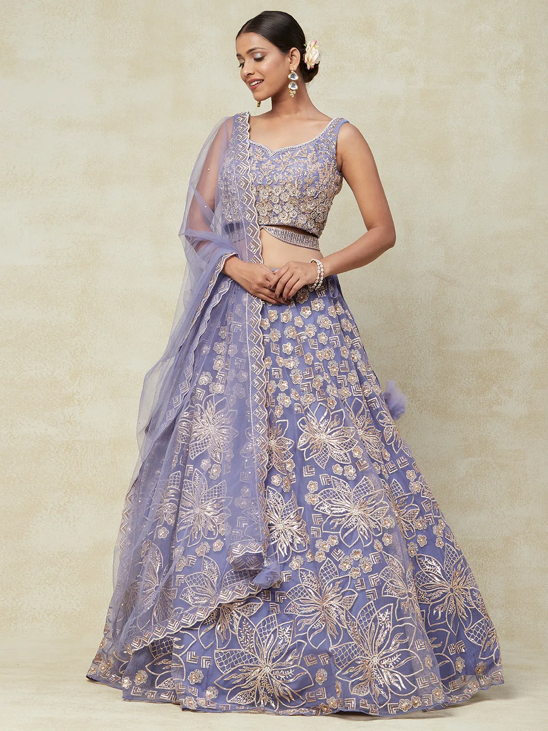 Purple Net Lehenga With Kadai Handwork