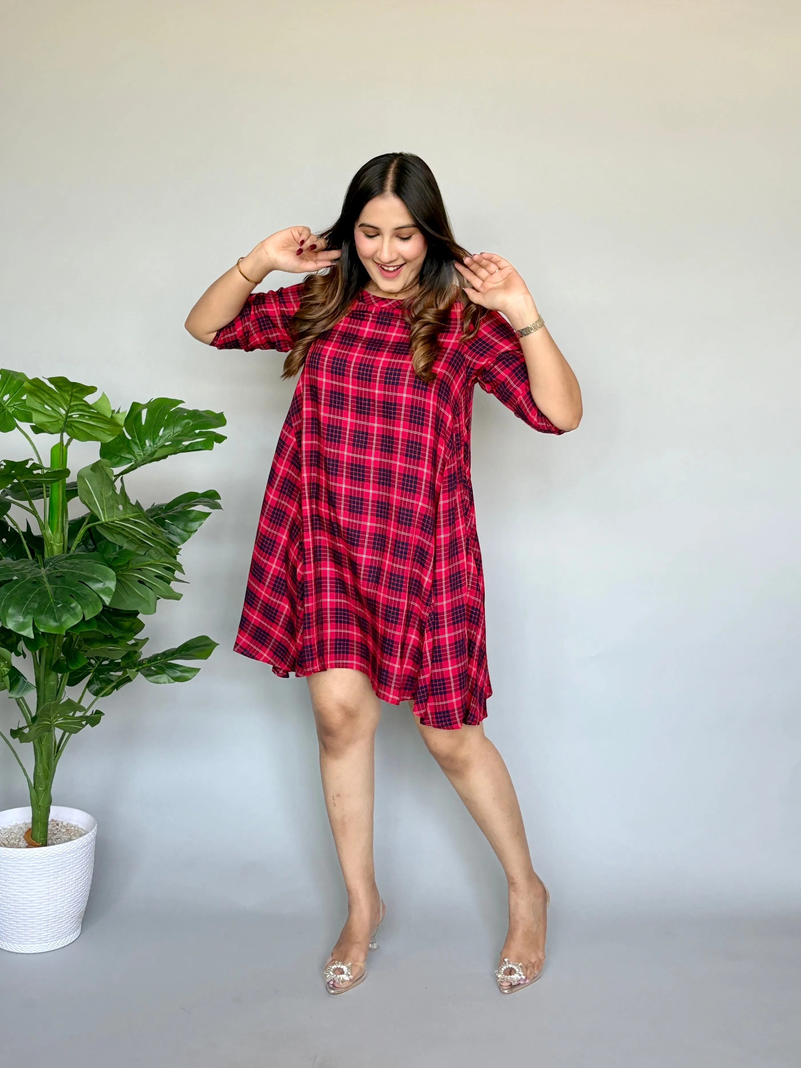 Red Black Checks One Piece Dress