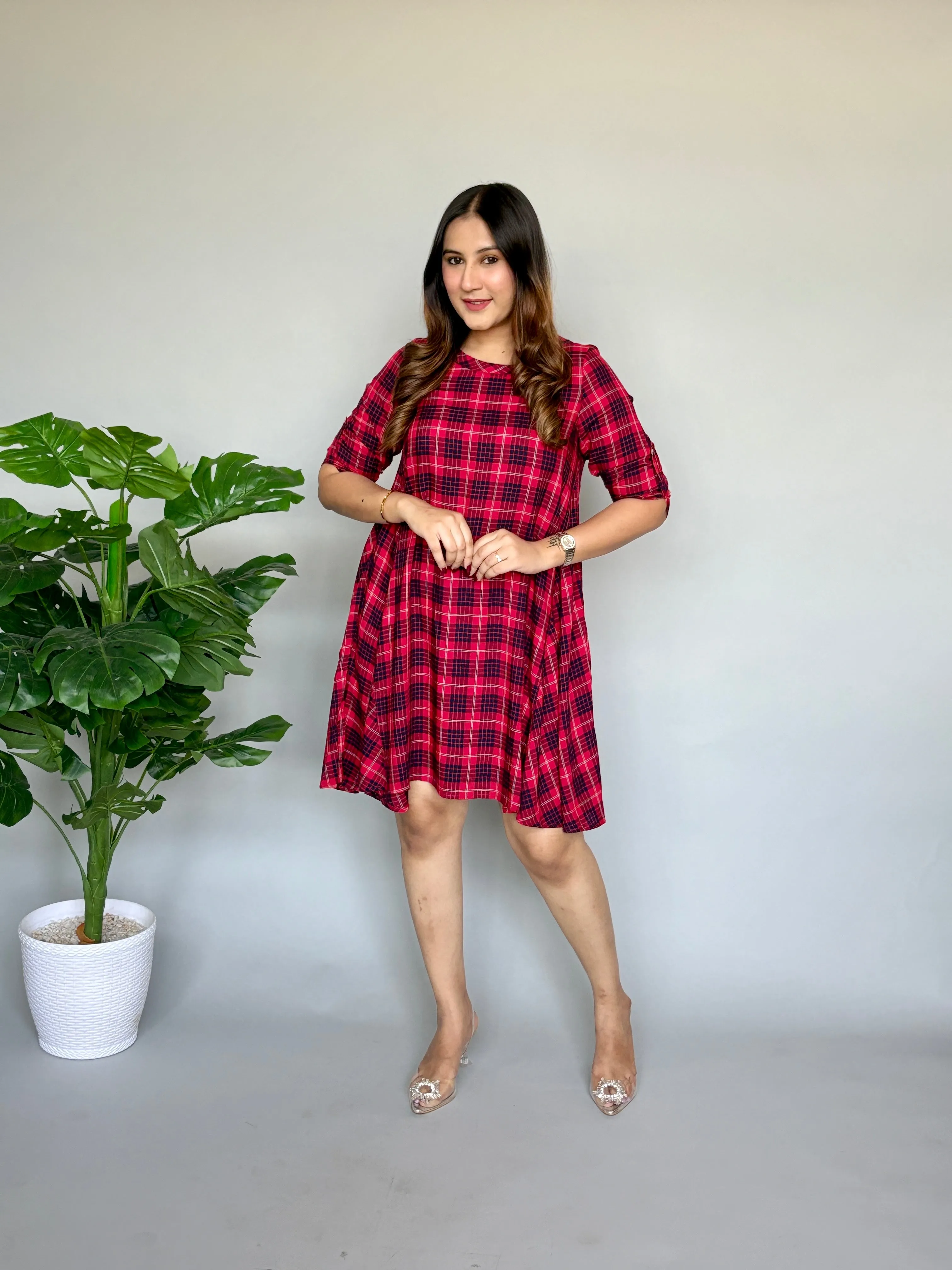Red Black Checks One Piece Dress