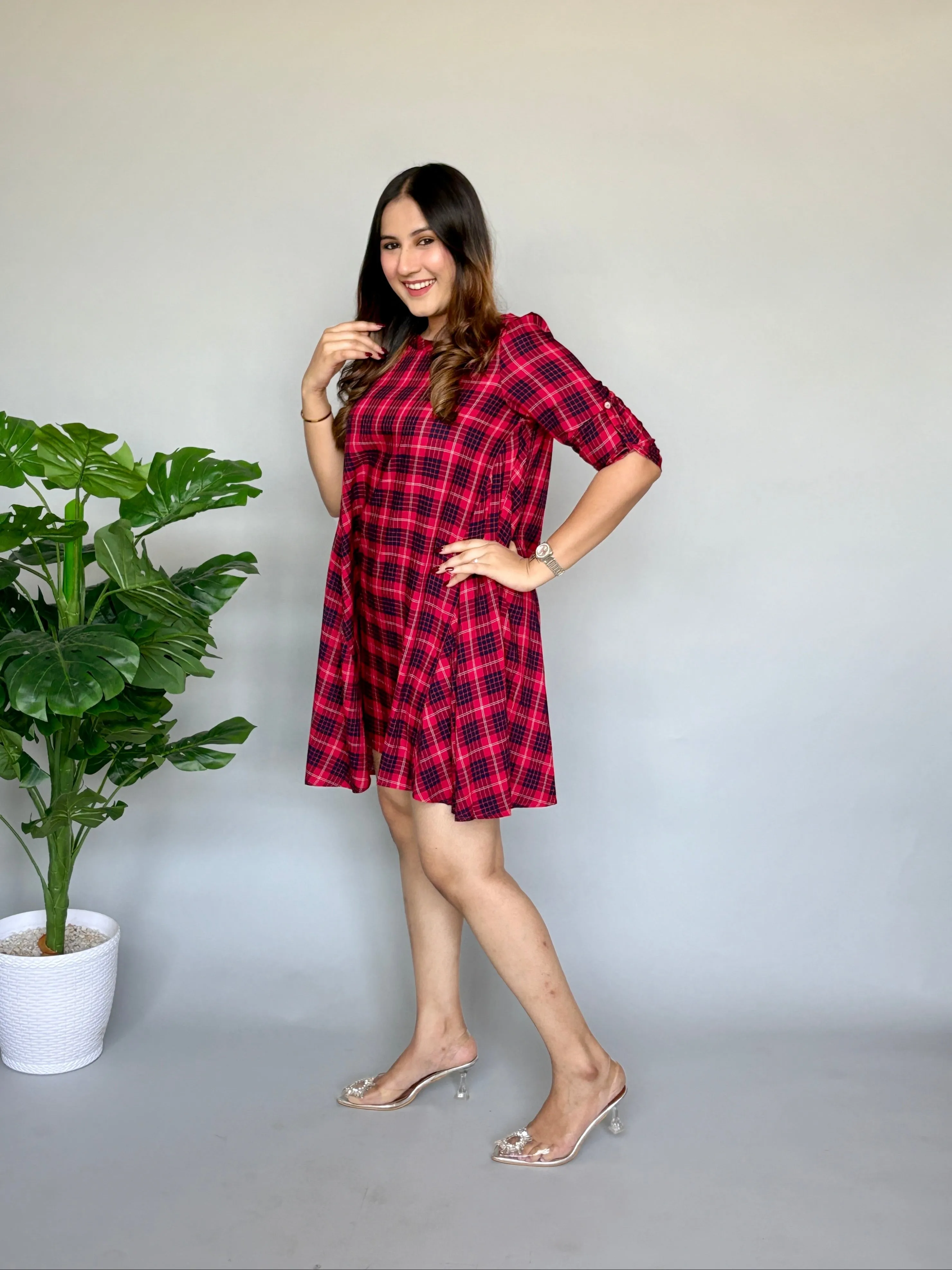 Red Black Checks One Piece Dress