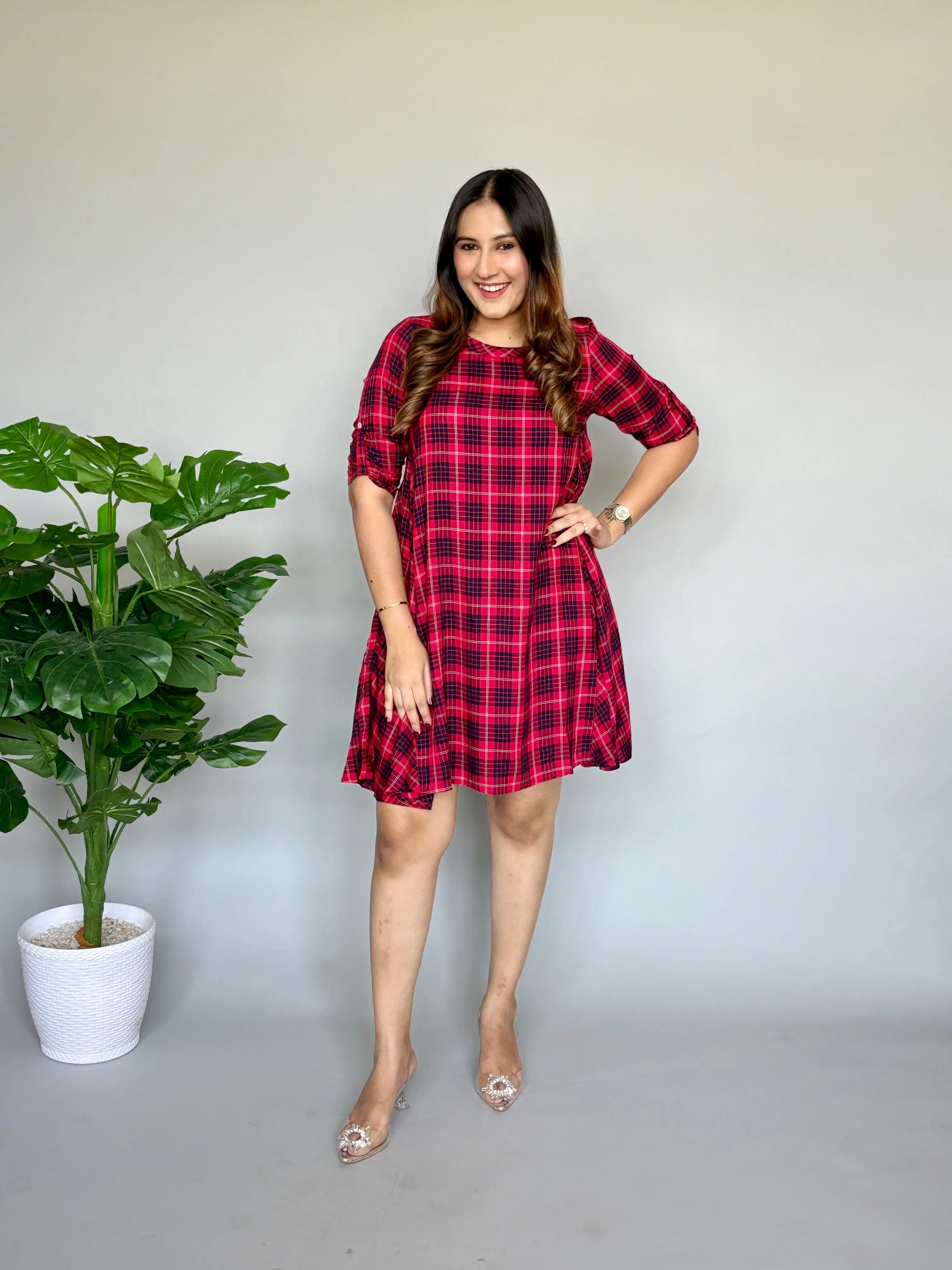 Red Black Checks One Piece Dress
