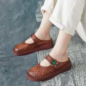 Retro Style Leather Mule Slippers Women Handmade Flats Casual Slip On Shoes in Apricot/Brown Retro Style Leather Mule Slippers Women Handmade Flats Casual Slip On Shoes in Apricot/Brown