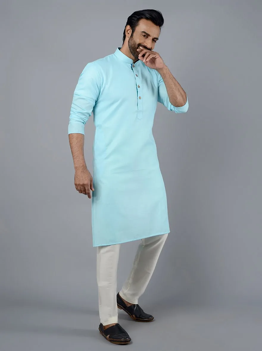 Sky Blue Solid Cotton Blend Kurta | The Kurta Company