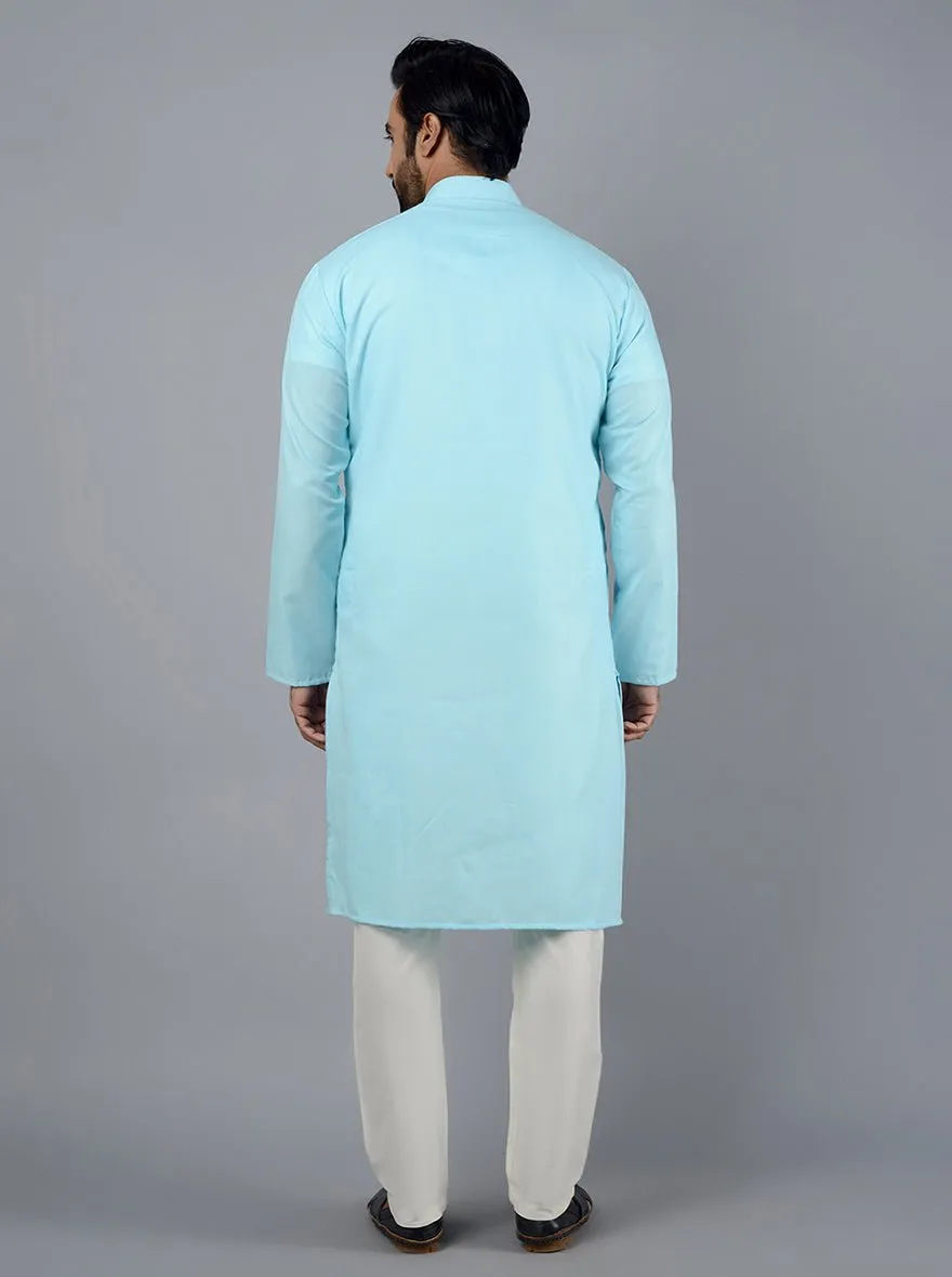 Sky Blue Solid Cotton Blend Kurta | The Kurta Company