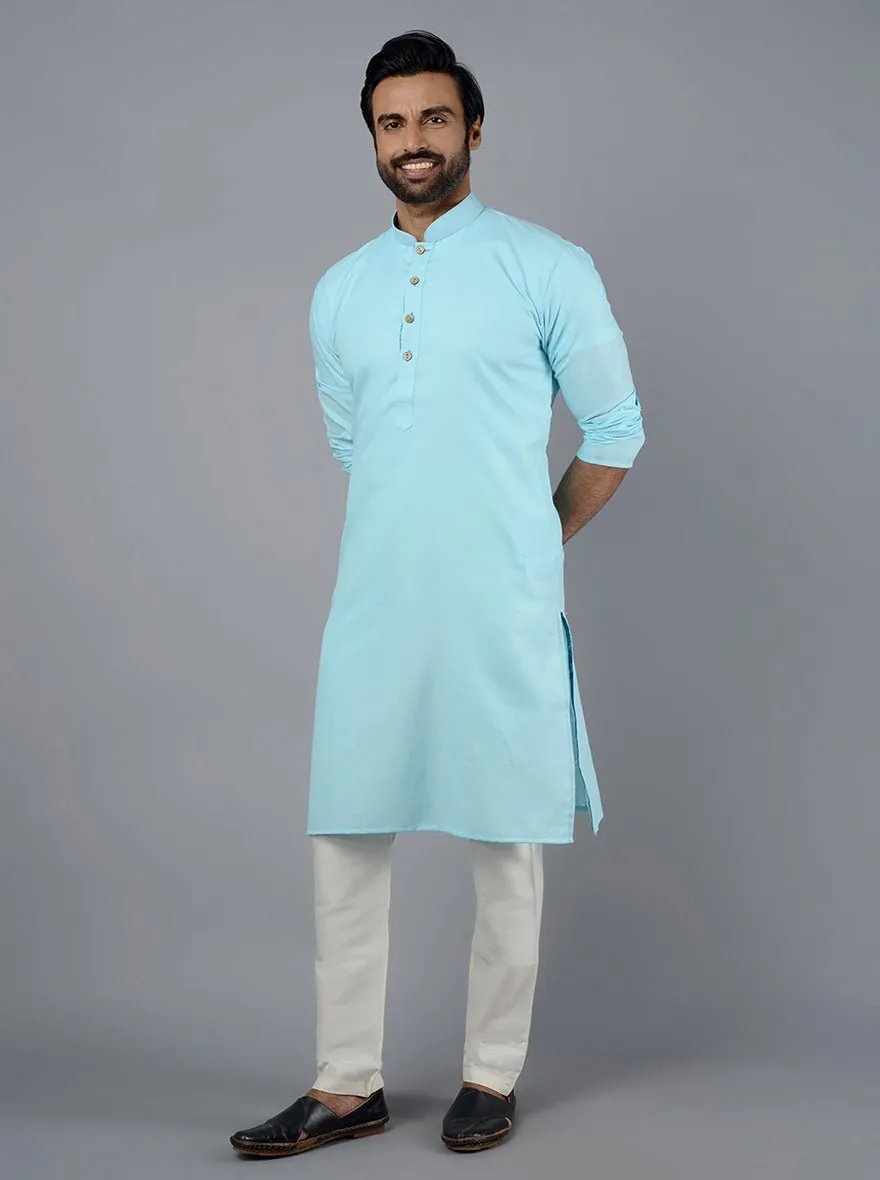 Sky Blue Solid Cotton Blend Kurta | The Kurta Company