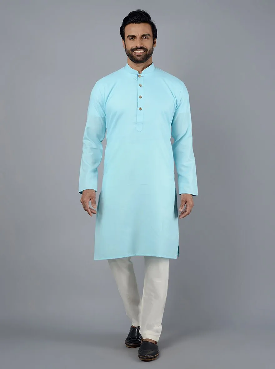 Sky Blue Solid Cotton Blend Kurta | The Kurta Company