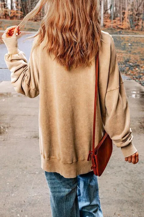 Slit Detail Khaki Football Game Day Sweatshirt