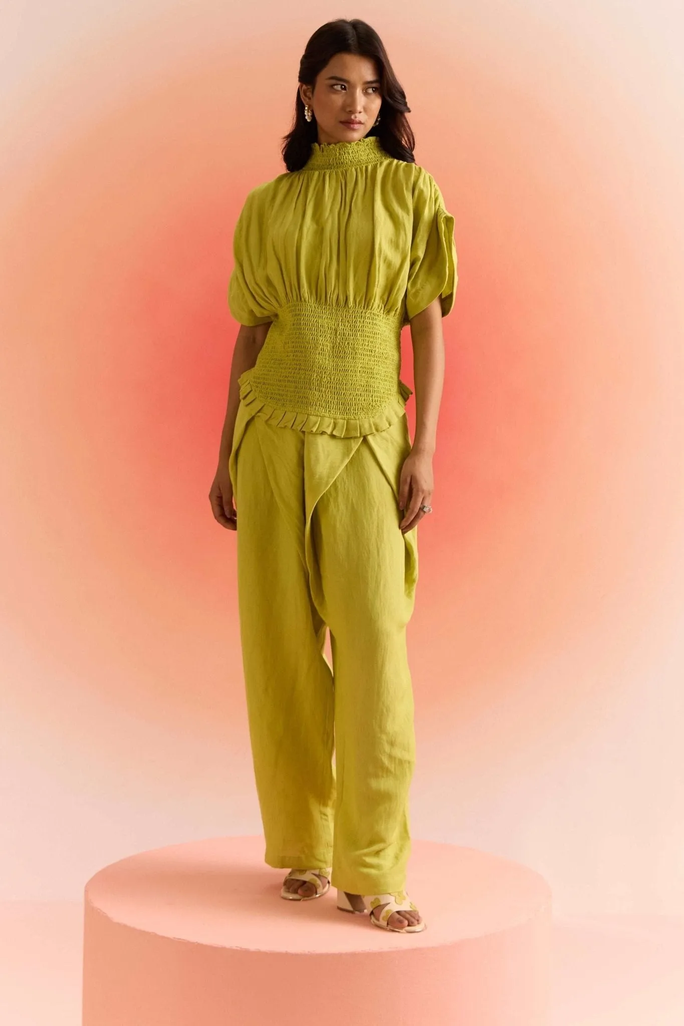 Smoked Top with Pleated Sleeves and Wrap Trouser Cordset