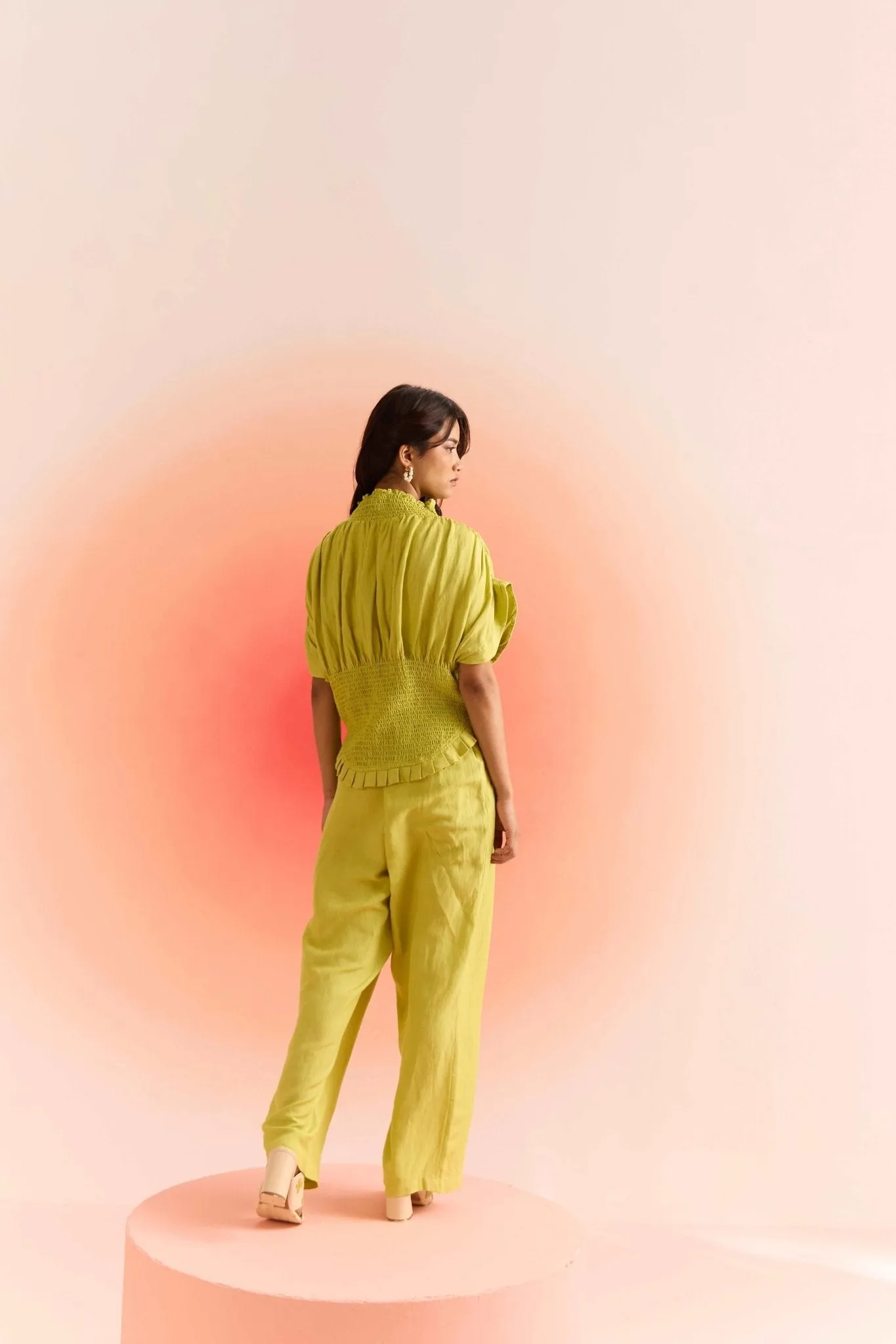 Smoked Top with Pleated Sleeves and Wrap Trouser Cordset