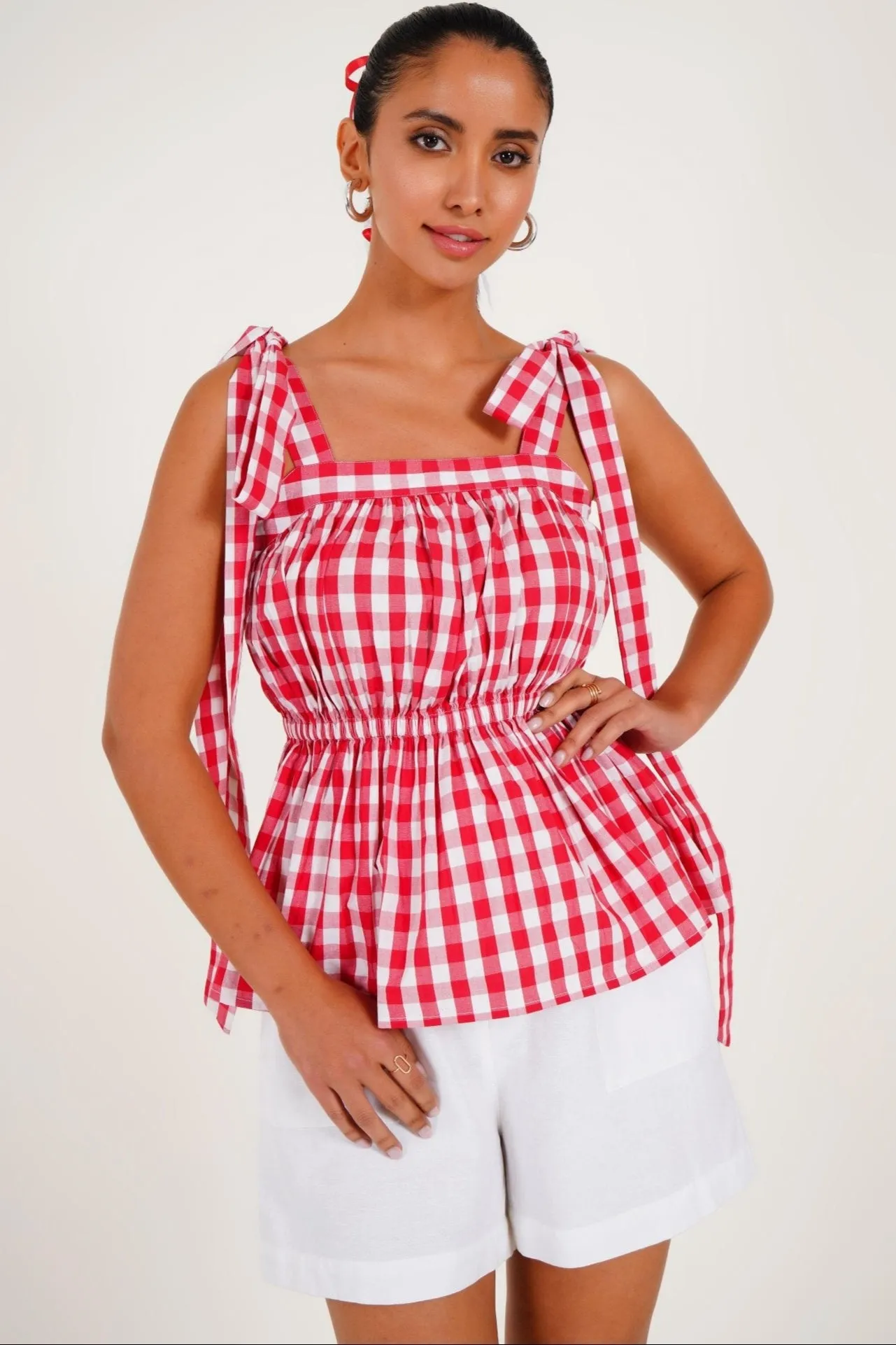 Strappy Peplum Gingham Top