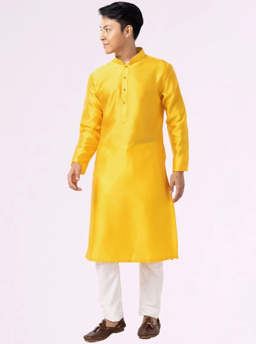 Sunflower Yellow Self Textured Cotton Blend Kurta | The Kurta Company