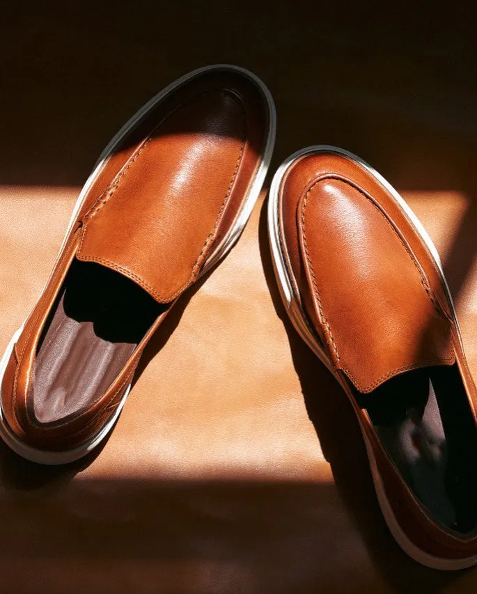 Tan Leather Aphrodite Slip On Yatch Loafers with White Soles - Summer 2024 Collection