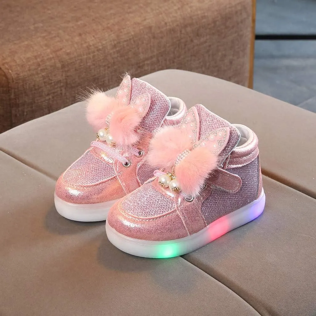 Toddler Baby Girls artoon Rabbit Luminous Sport Shoes Baby Fashion High Top Light Up Casual Walking Sneakers