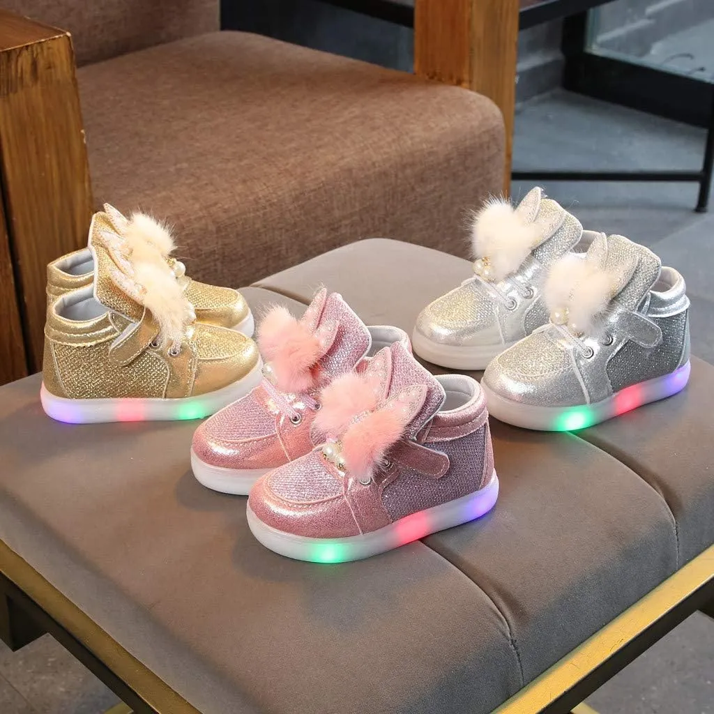 Toddler Baby Girls artoon Rabbit Luminous Sport Shoes Baby Fashion High Top Light Up Casual Walking Sneakers