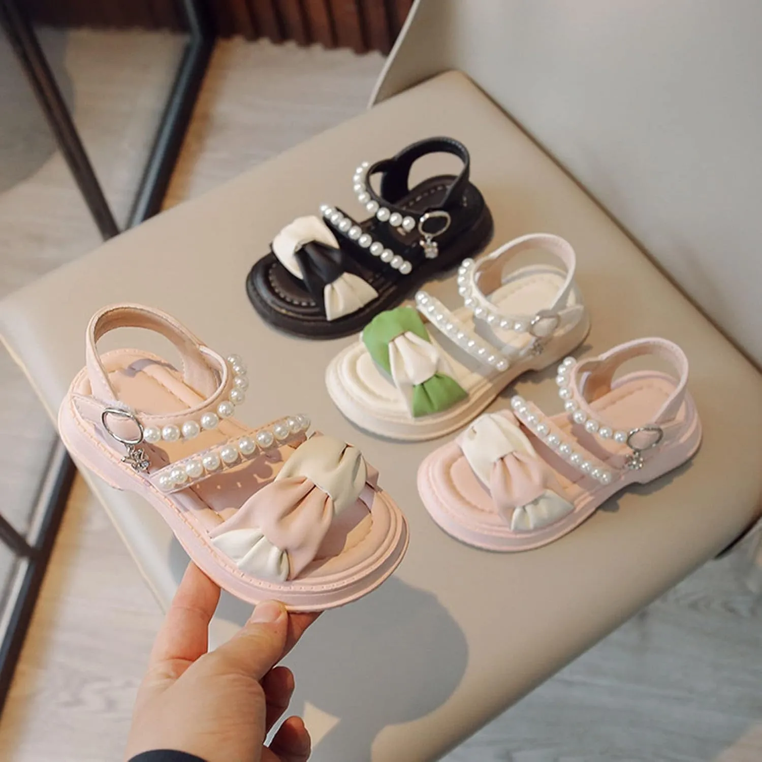 Toddler Girl Dress Sandals Kids Contrast Color Open Toe Pearl Ankle Strap Summer School Party Cute Bow Flat Shoes