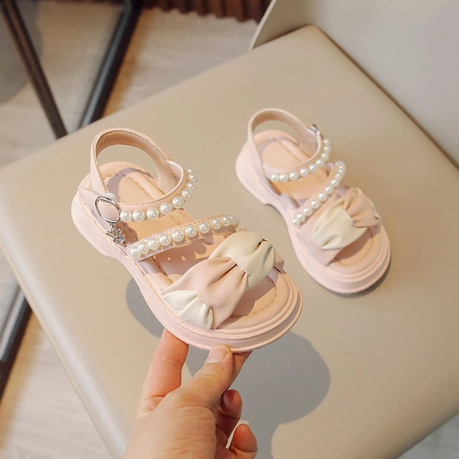 Toddler Girl Dress Sandals Kids Contrast Color Open Toe Pearl Ankle Strap Summer School Party Cute Bow Flat Shoes