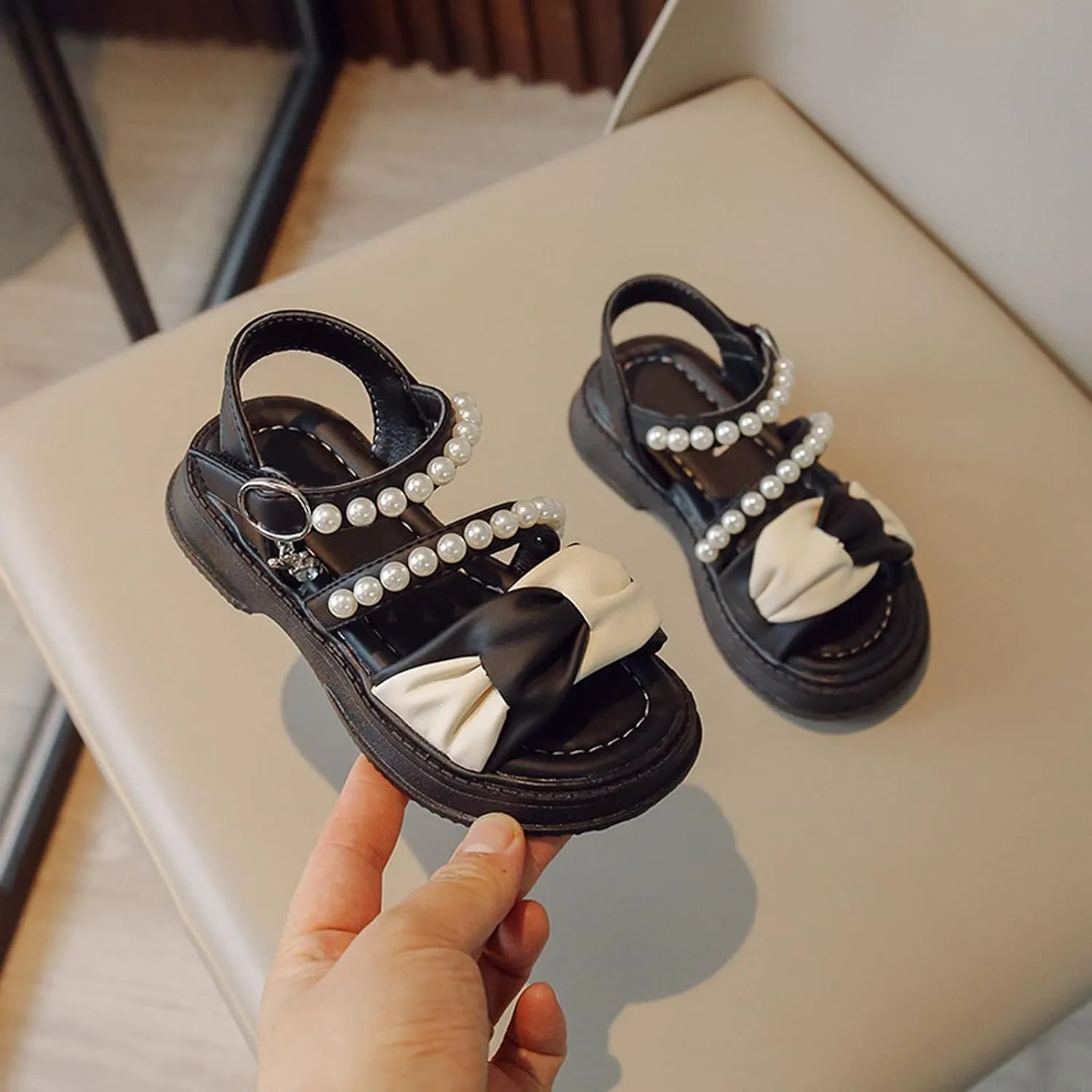 Toddler Girl Dress Sandals Kids Contrast Color Open Toe Pearl Ankle Strap Summer School Party Cute Bow Flat Shoes