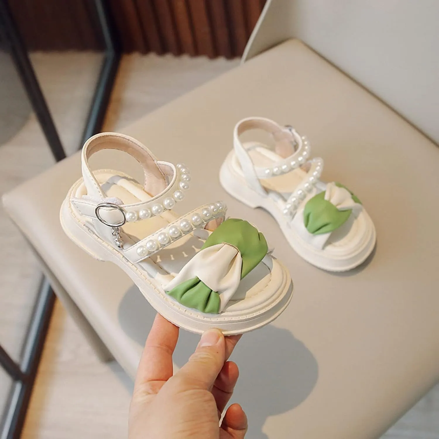 Toddler Girl Dress Sandals Kids Contrast Color Open Toe Pearl Ankle Strap Summer School Party Cute Bow Flat Shoes
