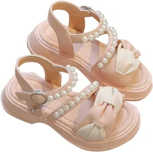 Toddler Girl Dress Sandals Kids Contrast Color Open Toe Pearl Ankle Strap Summer School Party Cute Bow Flat Shoes