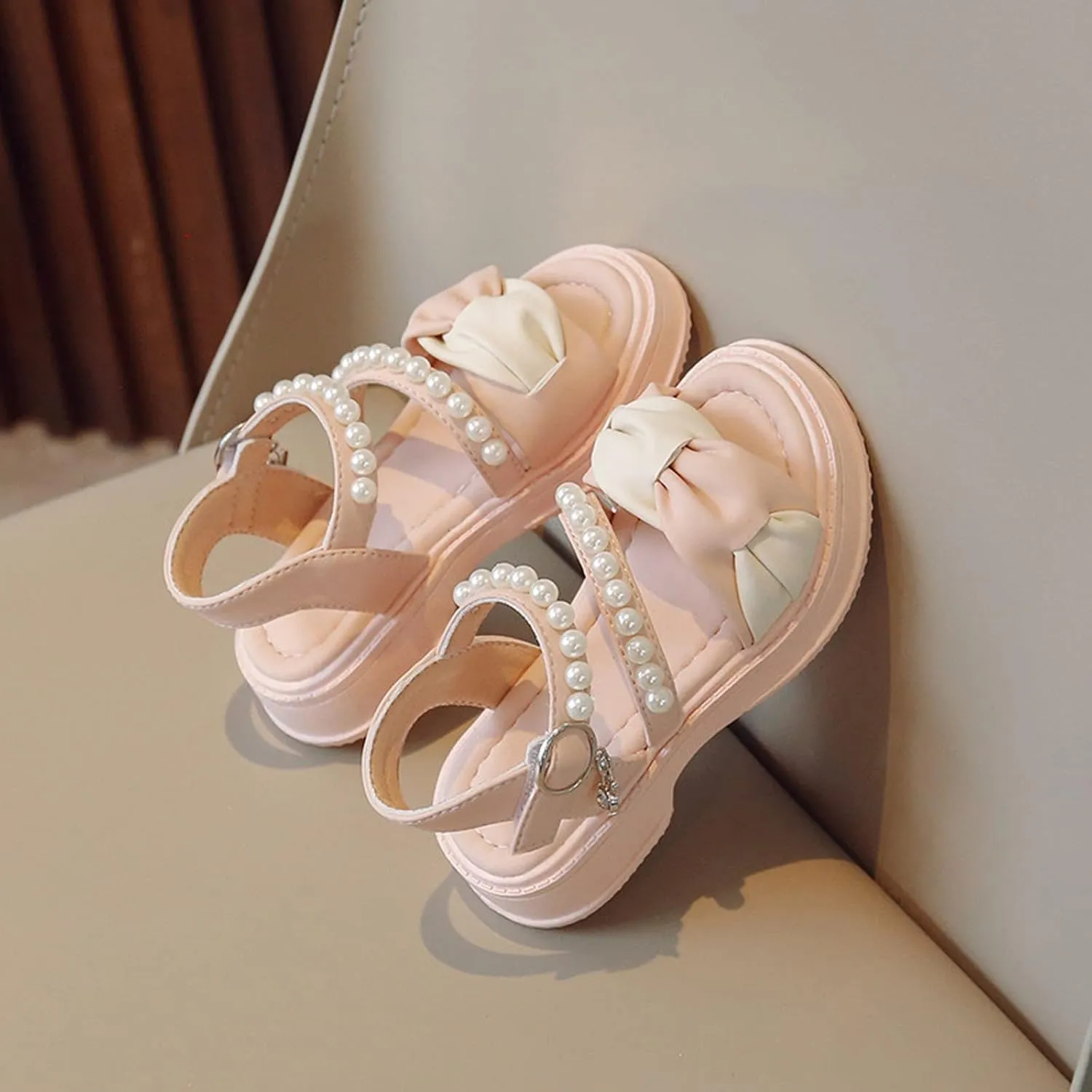 Toddler Girl Dress Sandals Kids Contrast Color Open Toe Pearl Ankle Strap Summer School Party Cute Bow Flat Shoes