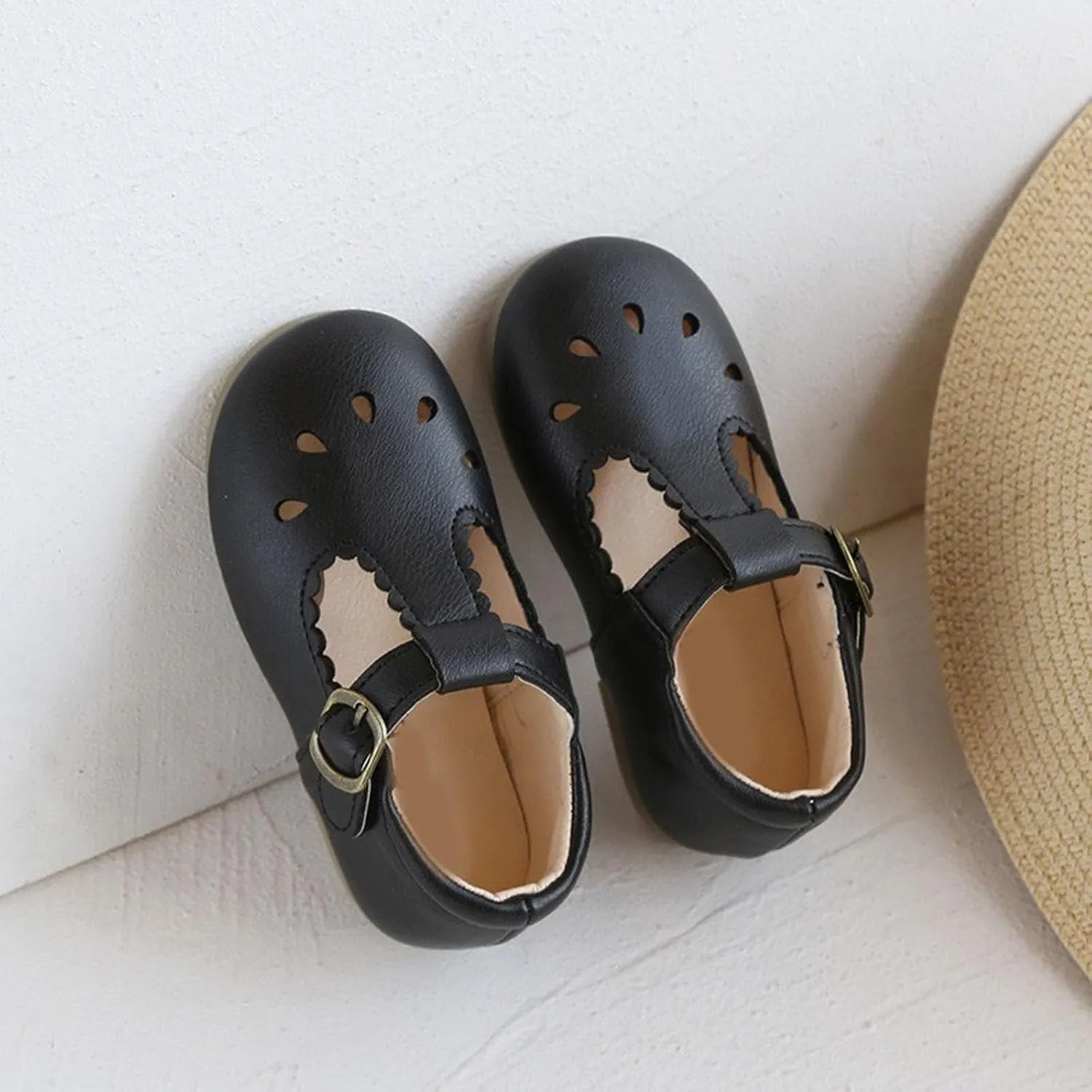 Toddler Girl T Strap Mary Jane Dress Shoes, Kids Closed Toe Hollow Buckle Slip On Platform Flip Flops with Strap