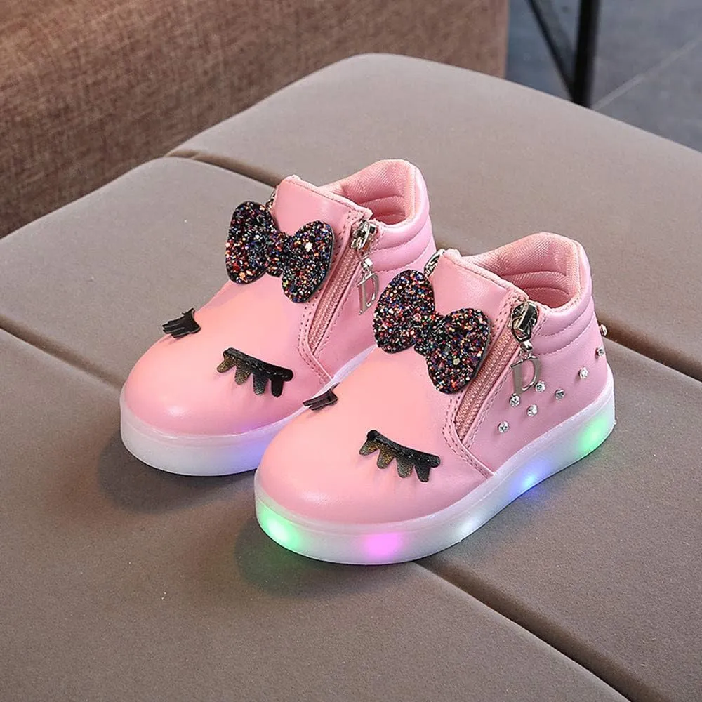 Toddler Girls hinestone Light Up Sneaker High Top Slip On Rubber Bottom Zipper Cute Fashion Toddler Shoes for Girl