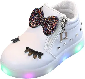 Toddler Girls hinestone Light Up Sneaker High Top Slip On Rubber Bottom Zipper Cute Fashion Toddler Shoes for Girl