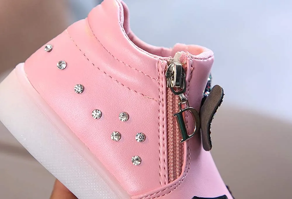 Toddler Girls hinestone Light Up Sneaker High Top Slip On Rubber Bottom Zipper Cute Fashion Toddler Shoes for Girl