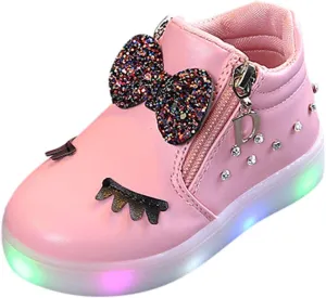 Toddler Girls hinestone Light Up Sneaker High Top Slip On Rubber Bottom Zipper Cute Fashion Toddler Shoes for Girl