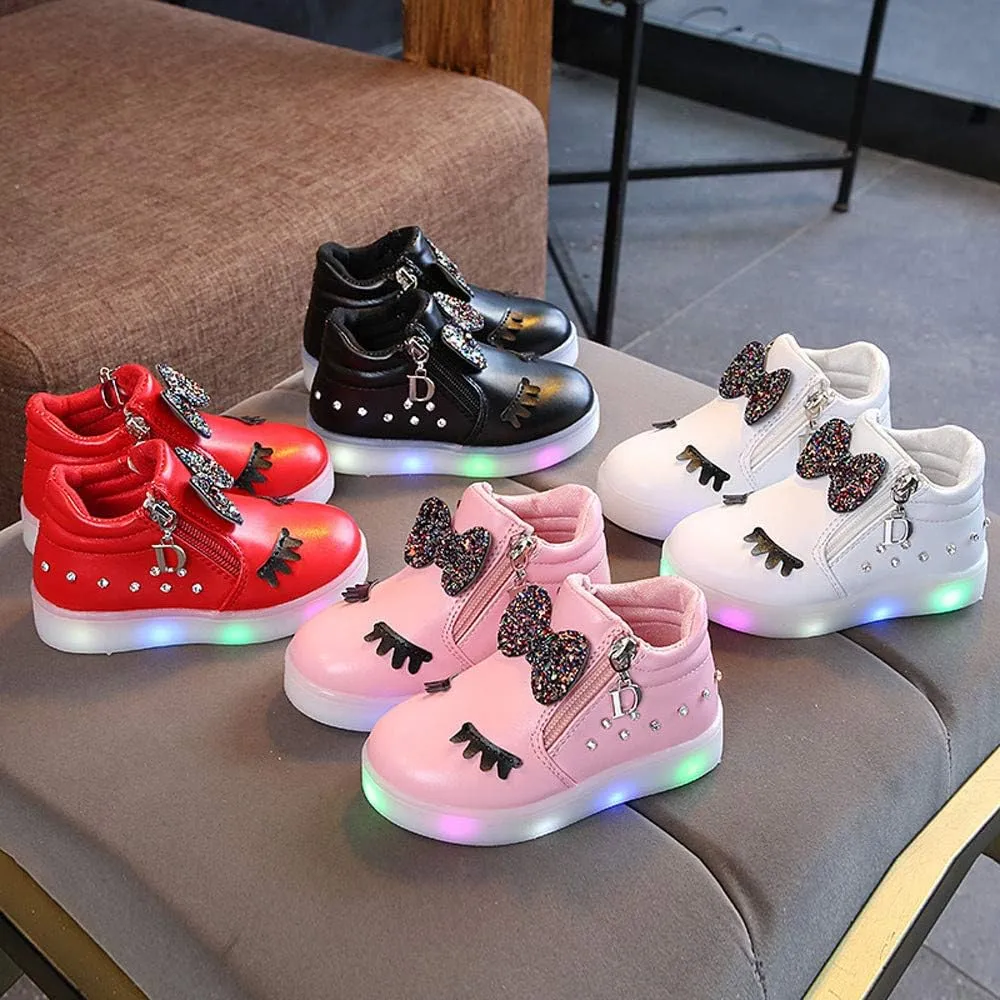 Toddler Girls hinestone Light Up Sneaker High Top Slip On Rubber Bottom Zipper Cute Fashion Toddler Shoes for Girl