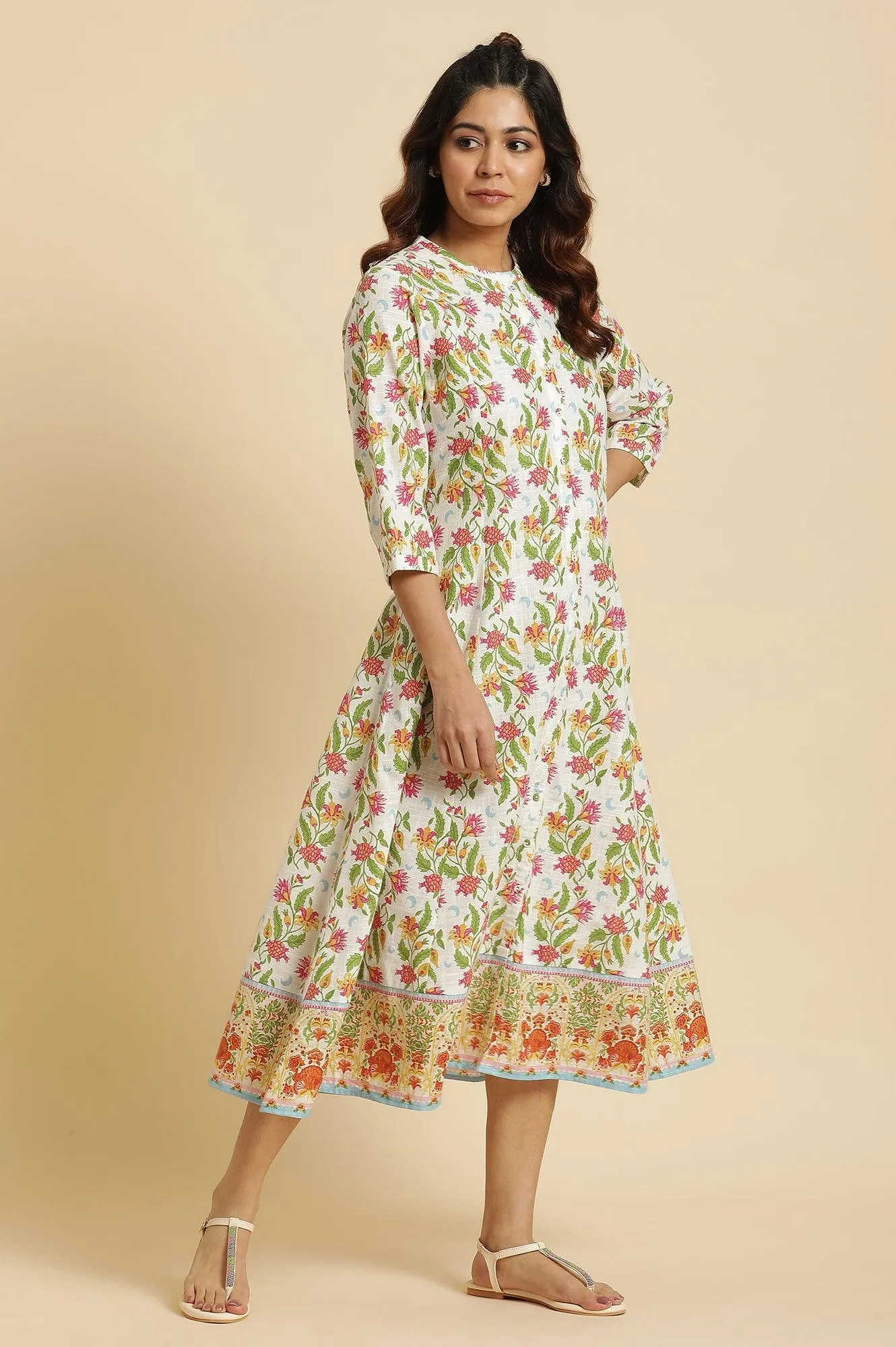 White Flared Dress In Multi-Coloured Floral Print