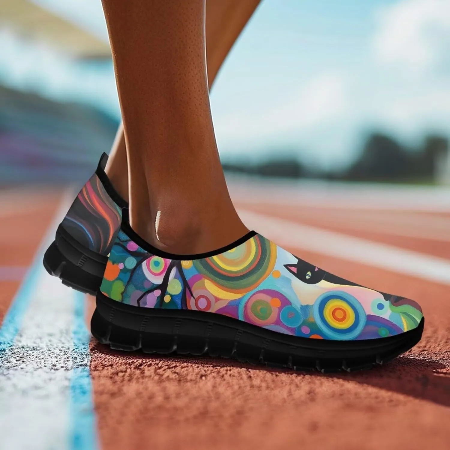 Women's Mesh Shoes Cat Print Non-Slip Athletic Sport Sneakers Soft Running Sneakers Cozy Breathable Walking Loafers for Outdoor
