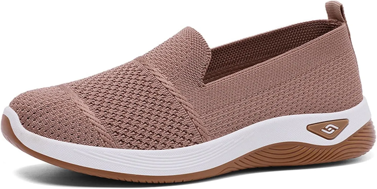 Women's Slip-On Athletic Shoes with Knitted Arch Support Breathable Mesh Tennis Sneakers for Walking Gym Workouts Soft Sole Non-Slip Casual Shoes